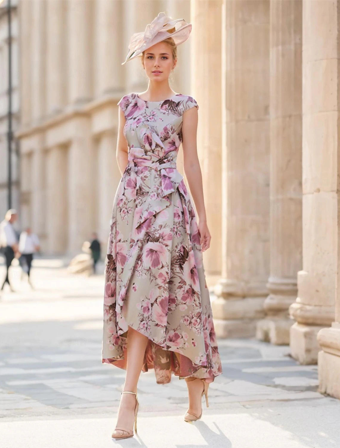 Buyishang A-Line Mother of the Bride Dress Wedding Guest Elegant Vintage V Neck Ankle Length Satin Polyester Short Sleeve with Bow(s) Flower free custom size